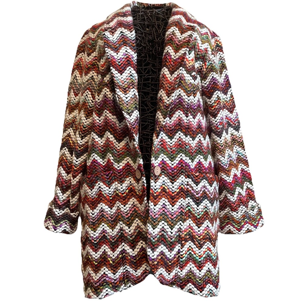 Ali Miles Women's Yarn Knit Blazer L Multicolor Chevron 3/4‎ Sleeve Jacket